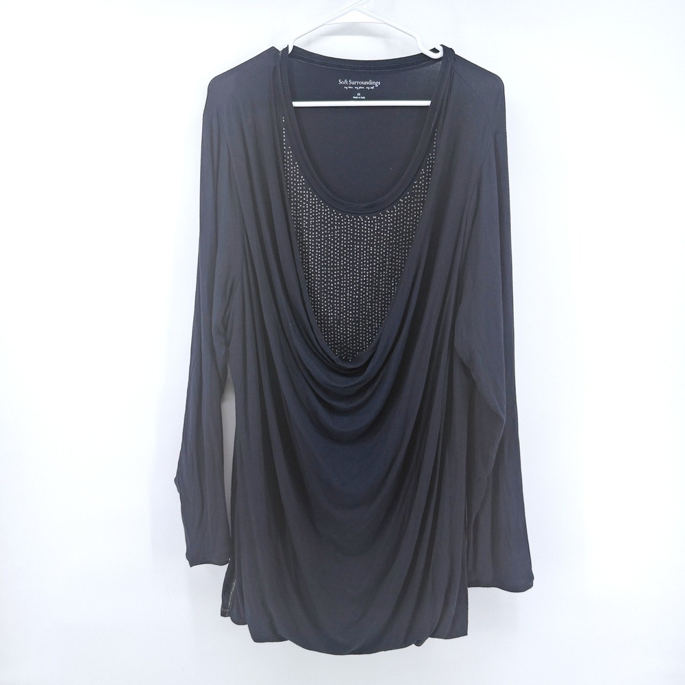 Soft Surroundings Tunic Studded Cowl Neck 2X Navy Blue Womens Embellished Top